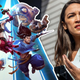 AOC stands next to some League of Legends characters.